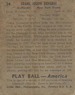 1939 Play Ball #34 Frank Demaree Back