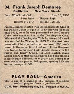 1939 Play Ball #34 Frank Demaree Back