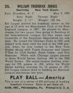 1939 Play Ball #35 Billy Jurges Back