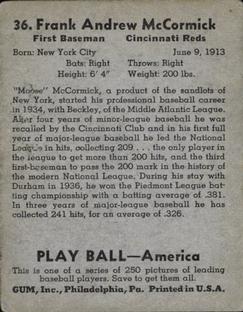 1939 Play Ball #36 Frank McCormick Back