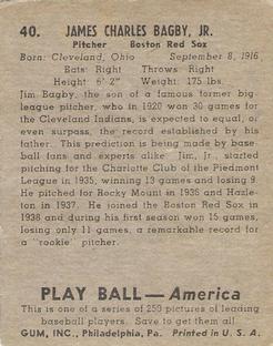 1939 Play Ball #40 Jim Bagby Back