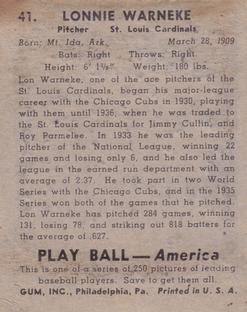 1939 Play Ball #41 Lon Warneke Back