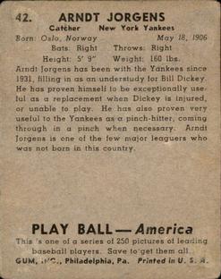 1939 Play Ball #42 Art Jorgens Back