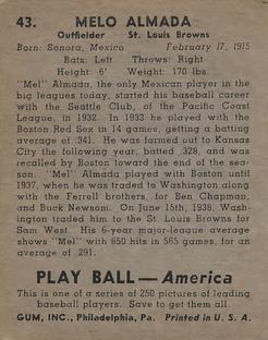 1939 Play Ball #43 Mel Almada Back