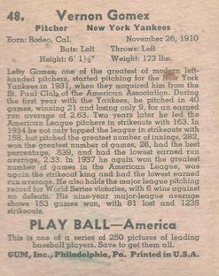 1939 Play Ball #48 Vernon Gomez Back