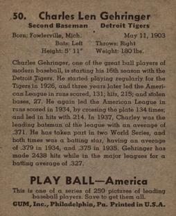 1939 Play Ball #50 Charlie Gehringer Back