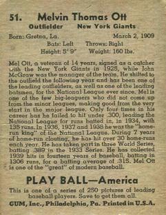 1939 Play Ball #51 Mel Ott Back