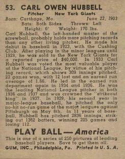 1939 Play Ball #53 Carl Hubbell Back