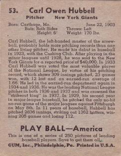 1939 Play Ball #53 Carl Hubbell Back