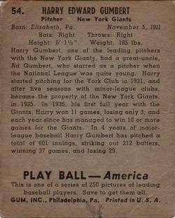 1939 Play Ball #54 Harry Gumbert Back