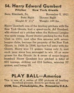 1939 Play Ball #54 Harry Gumbert Back
