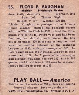 1939 Play Ball #55 Arky Vaughan Back
