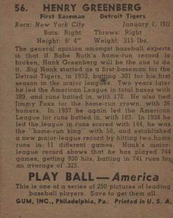 1939 Play Ball #56 Hank Greenberg Back
