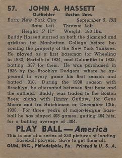 1939 Play Ball #57 Buddy Hassett Back