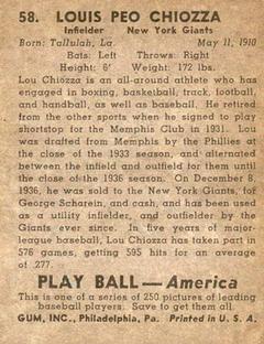 1939 Play Ball #58 Lou Chiozza Back