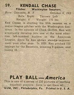 1939 Play Ball #59 Kendall Chase Back