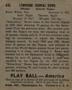 1939 Play Ball #60 Schoolboy Rowe Back