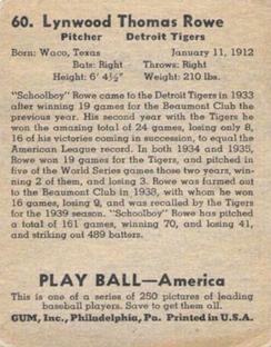 1939 Play Ball #60 Schoolboy Rowe Back