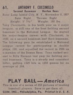 1939 Play Ball #61 Tony Cuccinello Back
