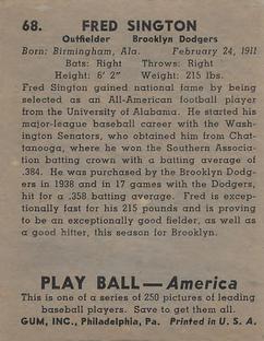 1939 Play Ball #68 Fred Sington Back