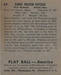 1939 Play Ball #69 Elburt Fletcher Back