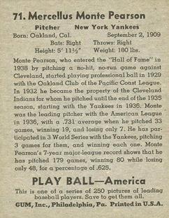 1939 Play Ball #71 Monte Pearson Back