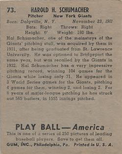 1939 Play Ball #73 Hal Schumacher Back