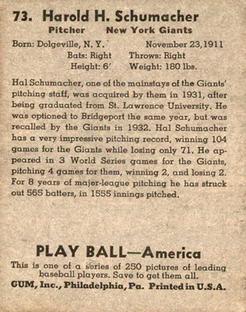1939 Play Ball #73 Hal Schumacher Back
