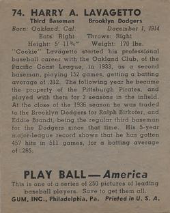 1939 Play Ball #74 Cookie Lavagetto Back
