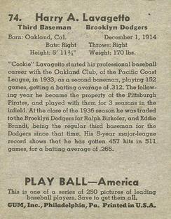 1939 Play Ball #74 Cookie Lavagetto Back