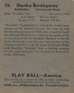 1939 Play Ball #75 Stanley Bordagaray Back
