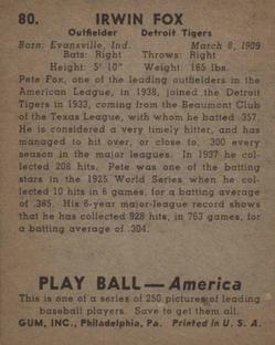 1939 Play Ball #80 Irwin Fox Back