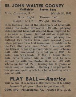 1939 Play Ball #85 Johnny Cooney Back