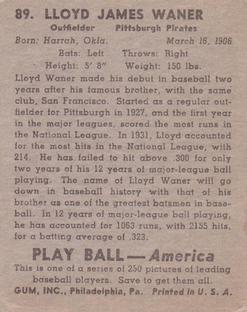 1939 Play Ball #89 Lloyd Waner Back