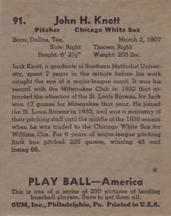 1939 Play Ball #91 John Knott Back