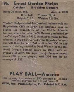 1939 Play Ball #96 Babe Phelps Back