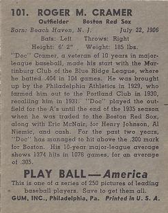 1939 Play Ball #101 Doc Cramer Back