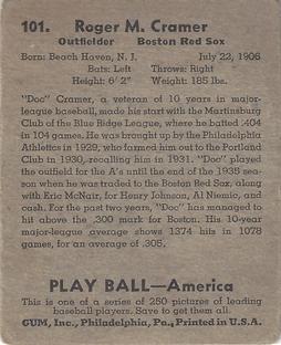1939 Play Ball #101 Doc Cramer Back