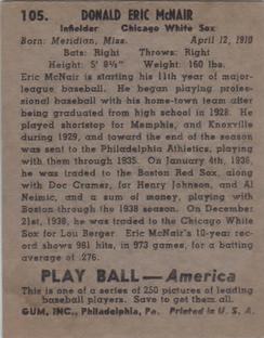 1939 Play Ball #105 Eric McNair Back