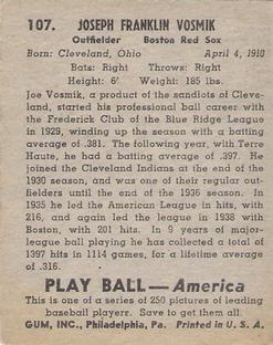 1939 Play Ball #107 Joe Vosmik Back