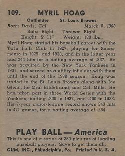 1939 Play Ball #109 Myril Hoag Back