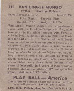 1939 Play Ball #111 Van Mungo Back