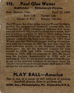 1939 Play Ball #112 Paul Waner Back