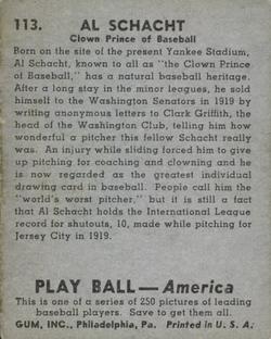 1939 Play Ball #113 Al Schacht Back