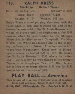 1939 Play Ball #115 Red Kress Back