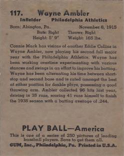 1939 Play Ball #117 Wayne Ambler Back