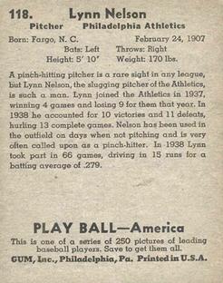 1939 Play Ball #118 Lynn Nelson Back