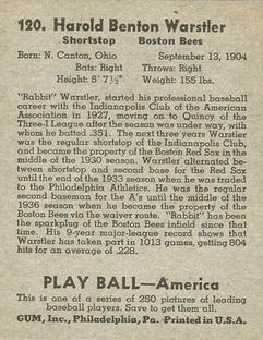 1939 Play Ball #120 Rabbit Warstler Back