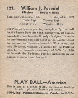 1939 Play Ball #121 Bill Posedel Back