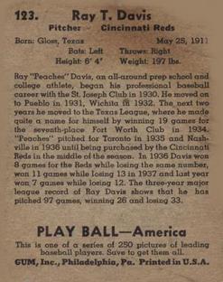 1939 Play Ball #123 Peaches Davis Back
